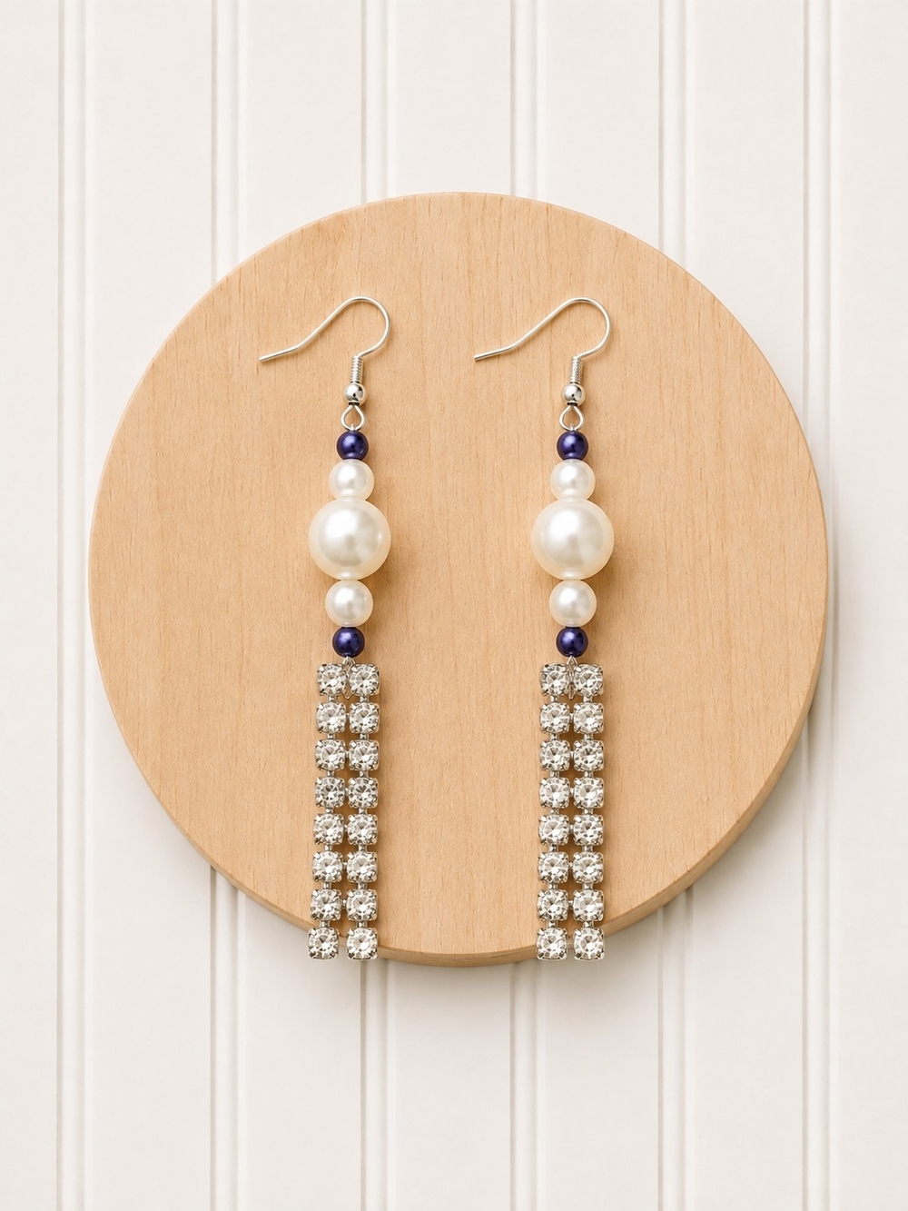 Pearl and Rhinestone Drop Earrings - White & Blue